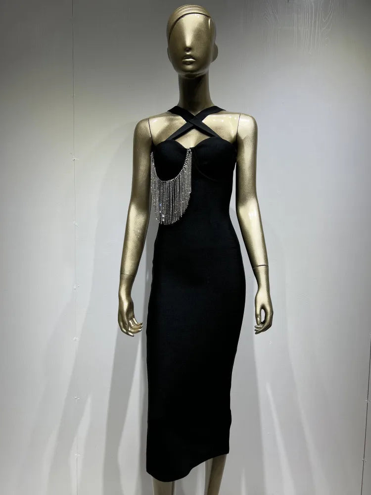 Diamond Dazzle Black V-Neck Bandage Dress with Crystal Tassels VestiVogue  