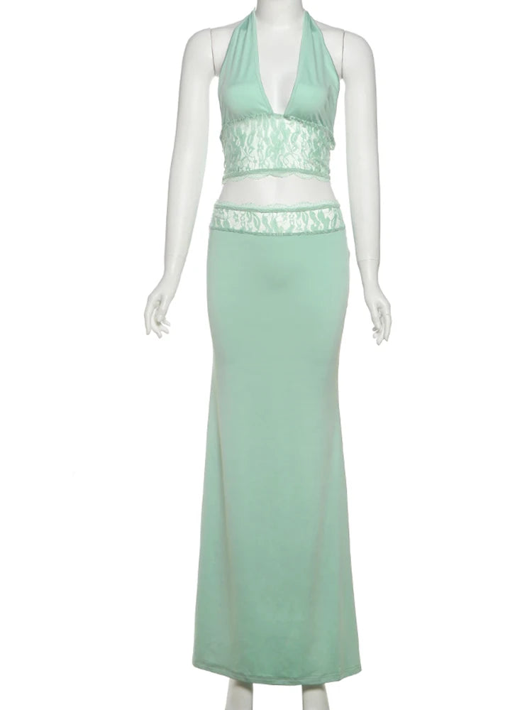 Lace Patchwork Halter Backless Two-Piece Set VestiVogue green L