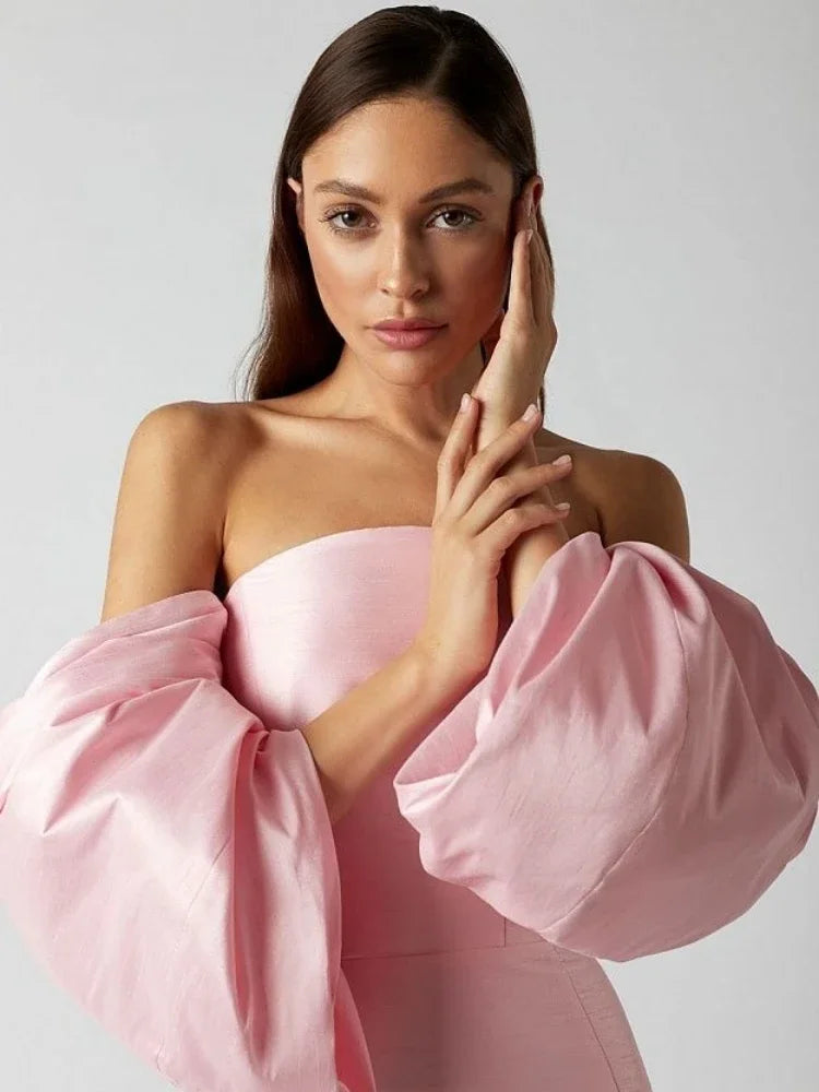 Elegant Off-Shoulder Pink Midi Puff Sleeve Bodycon Dress VestiVogue