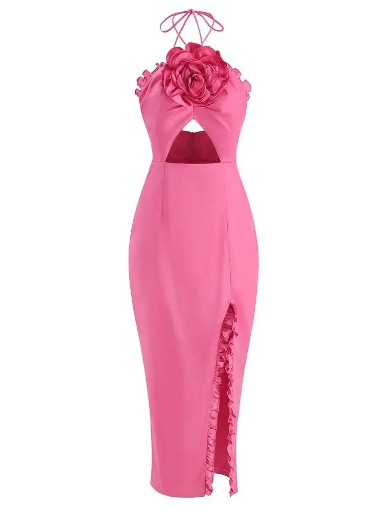 Pink Satin Backless Halter Evening Dress VestiVogue  