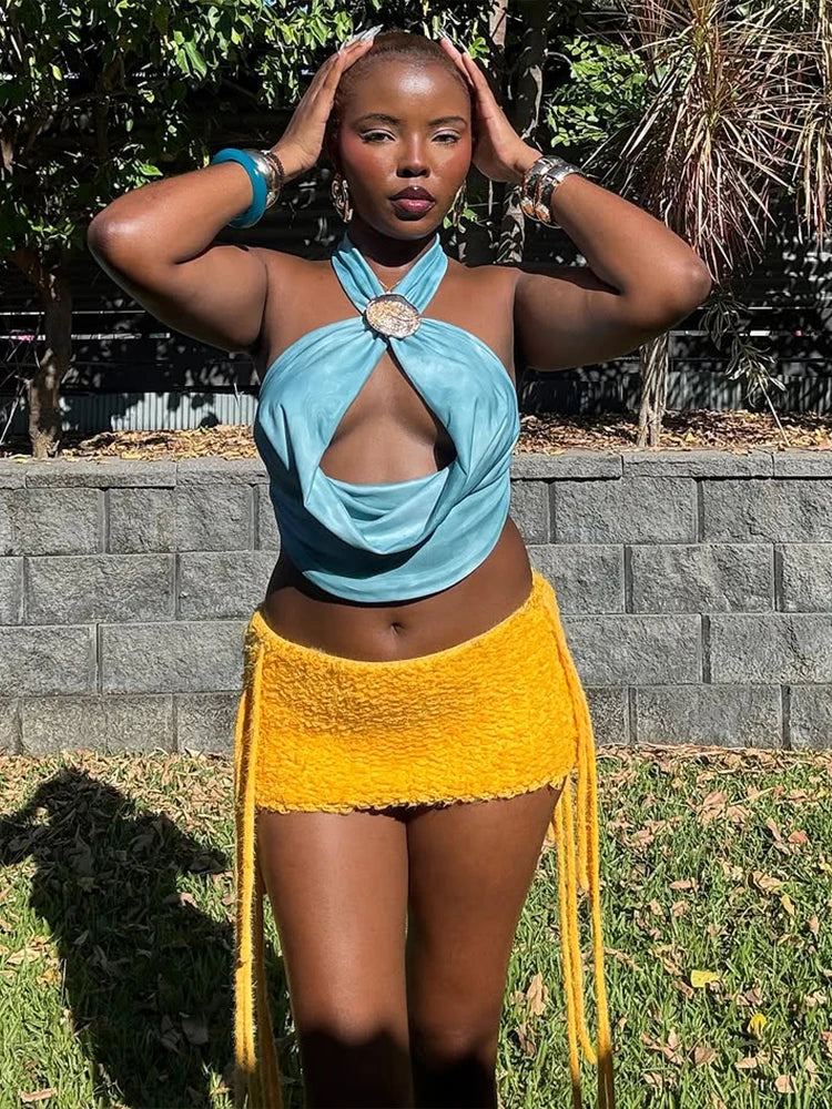 Furry Tassel Mini Skirt with Slim Fit VestiVogue