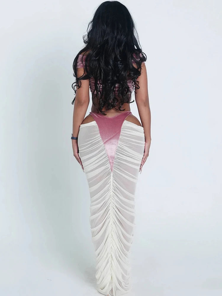 Velvet Cross Tank & Patchwork Hollow High-Waist Skirt Set VestiVogue