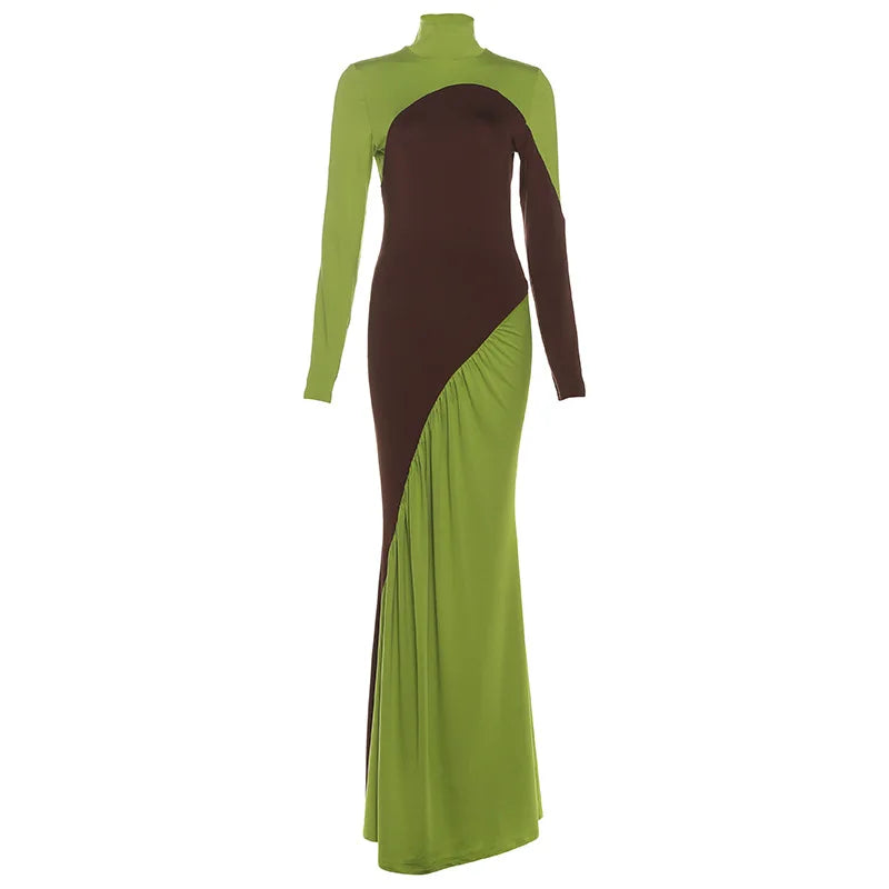 Chic Contrast Patchwork Turtleneck Dress with Full Sleeves VestiVogue Green M