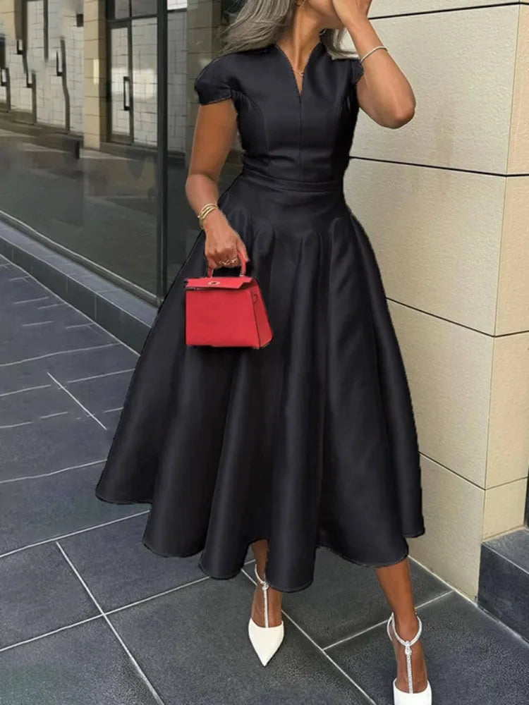 Elegant V-Neck Cap Sleeve A-Line Midi Dress with High Waist Pleats VestiVogue black XXL