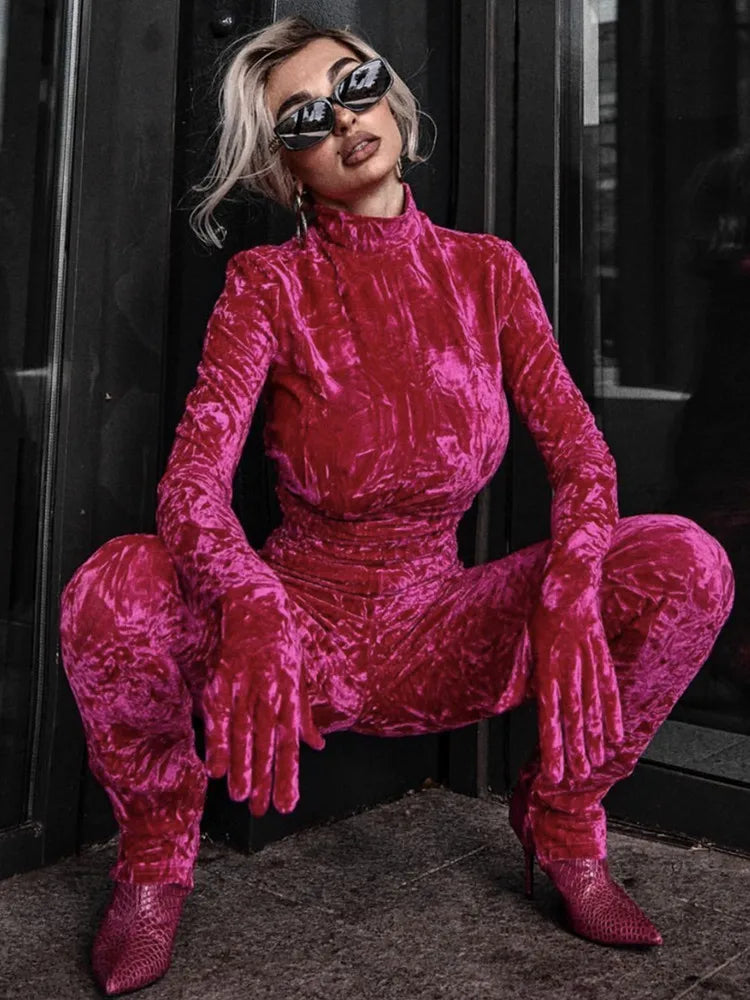 Hot Pink Velvet Bodycon Jumpsuit for Women VestiVogue  