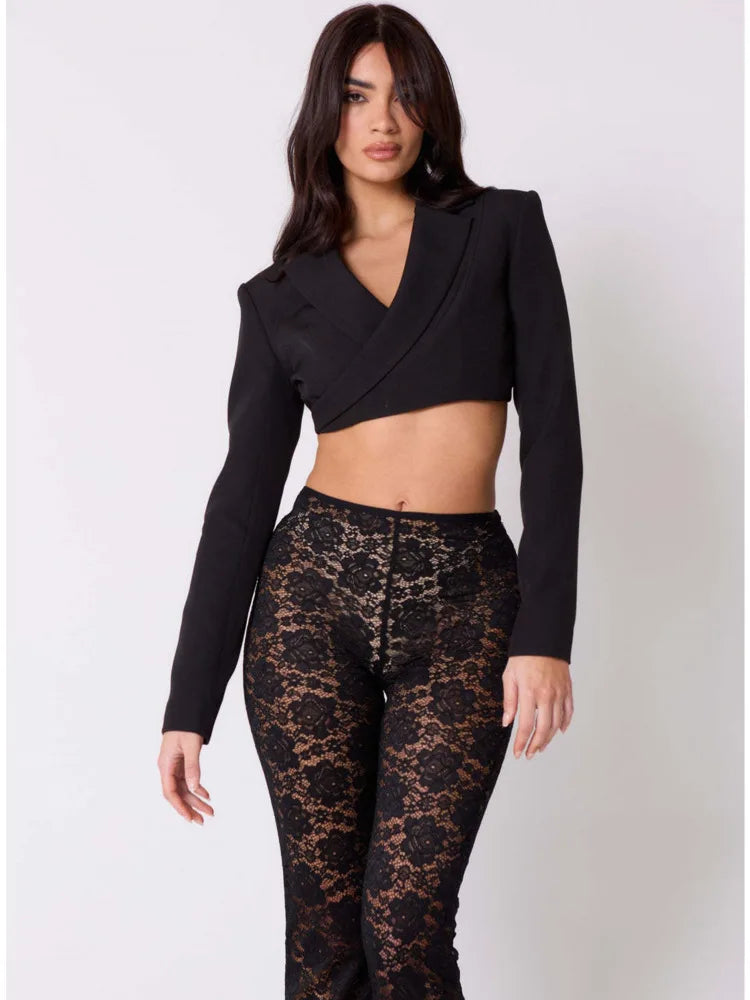 Lace Print Patchwork Elastic Tight Long Pants for Women VestiVogue  