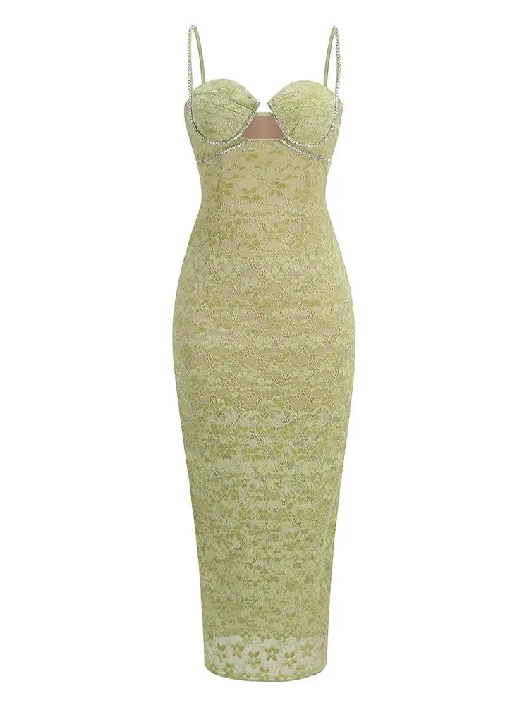 Lace Crystal Green Midi Dress VestiVogue  