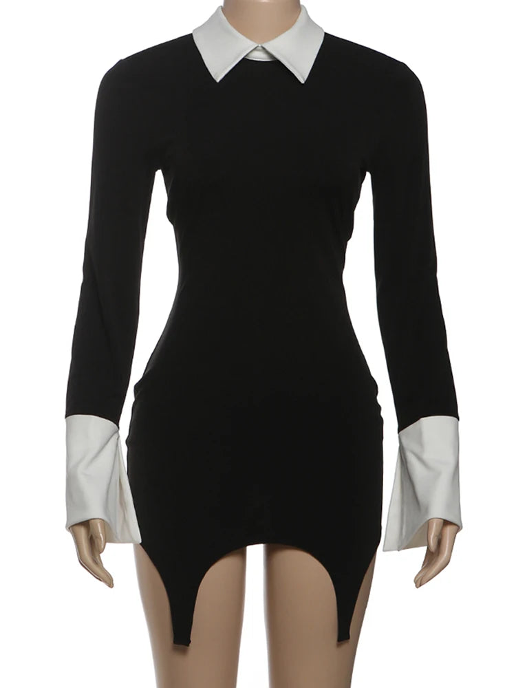 Chic Black and White Patchwork Polo-Neck Mini Dress VestiVogue