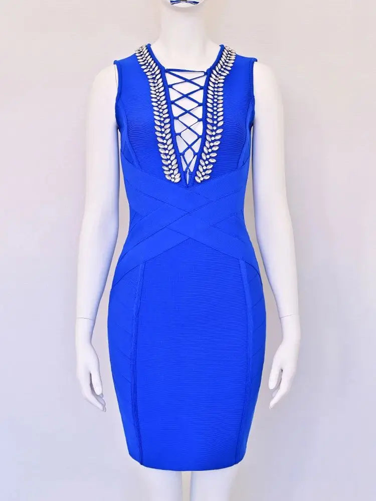 Luxury Blue Diamond Bandage Dress VestiVogue