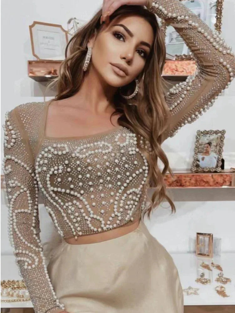 Sparkly Beaded Lace Long Sleeve Top VestiVogue