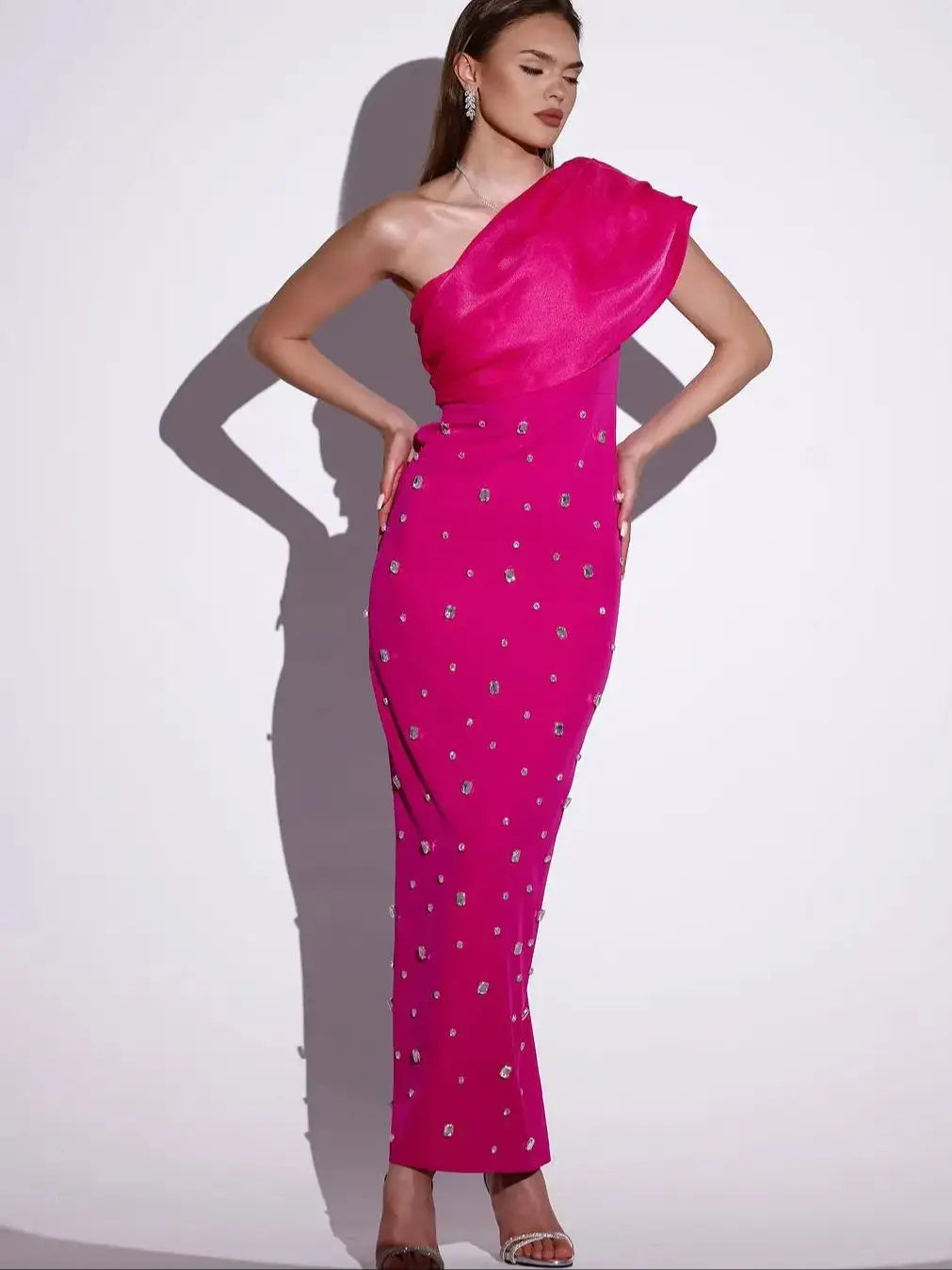 Sparkly One Shoulder Maxi Dress VestiVogue Rose Red S