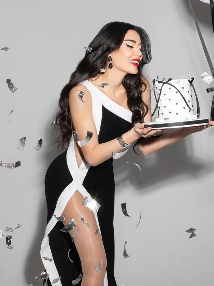 One-Shoulder Black & White Bodycon Maxi Dress VestiVogue