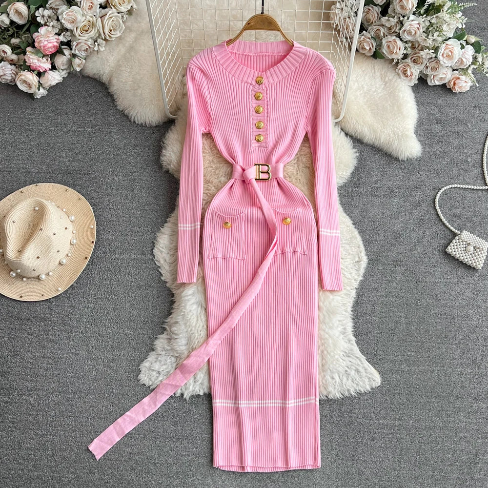 Rib Knit Bodycon Pencil Dress with Belt VestiVogue Pink One Size