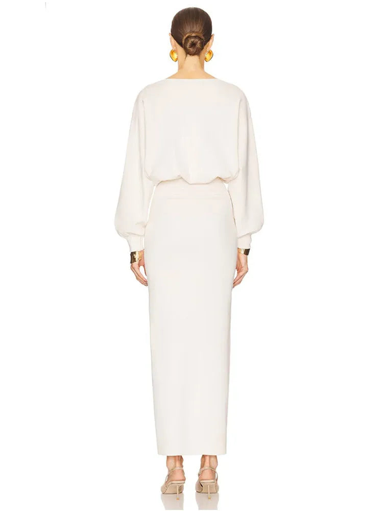 Sleek White Bodycon Maxi Gown with Long Sleeves VestiVogue