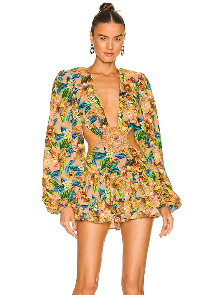 Elegant Floral Pleated Mini Bodycon Dress with Long Sleeves VestiVogue green S