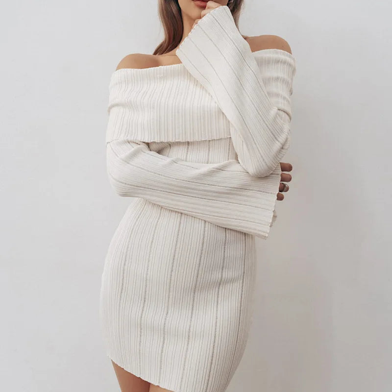 Chic White Off-Shoulder Backless Knitted Dress VestiVogue White 1837 L