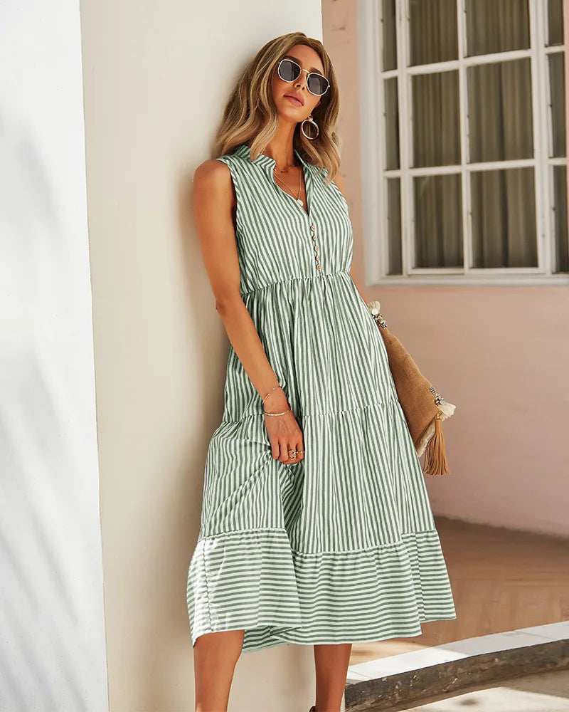 Sleeveless Striped A-Line Dress with Empire Waist VestiVogue