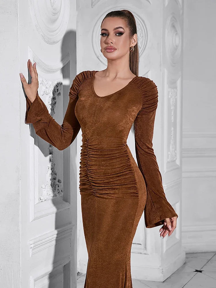 Brown V-Neck Flare Sleeve Maxi Dress VestiVogue