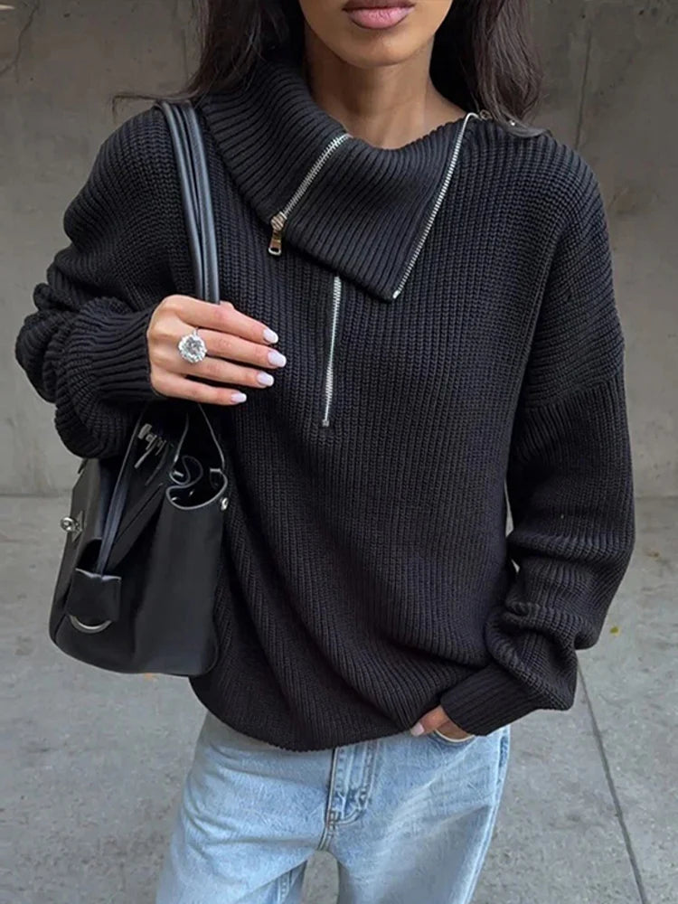 Chic Irregular Zip Knit Sweater with Turn-Down Collar VestiVogue