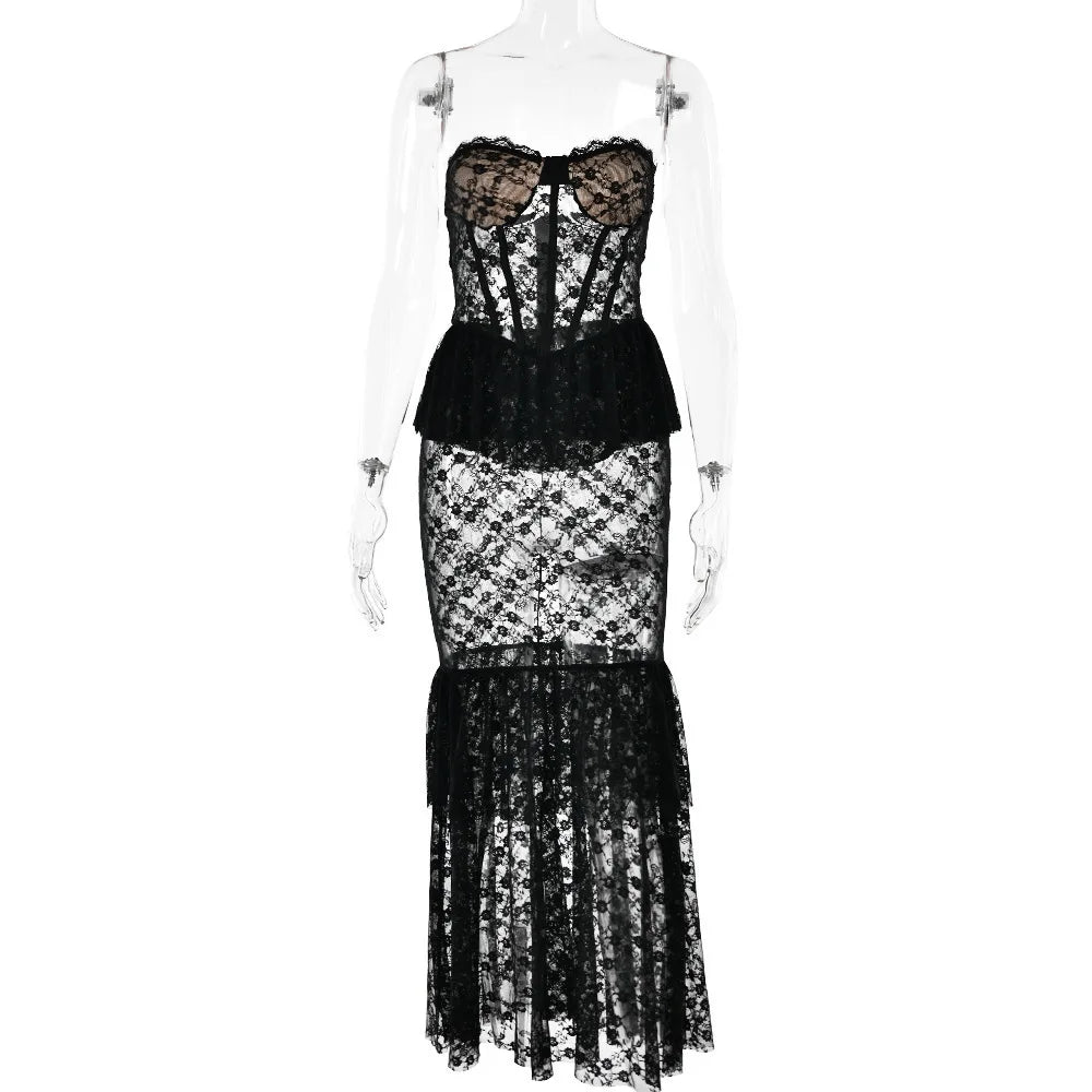 Lace Open Back Ruffle Pleated Dress VestiVogue