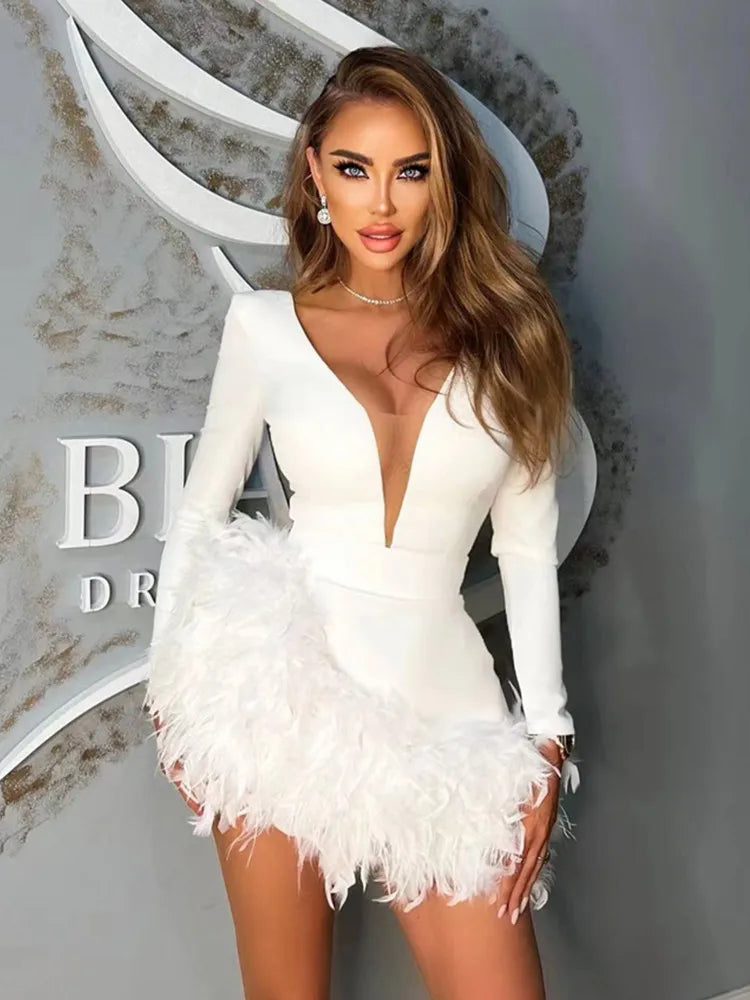 Feather Detailed V-Neck Long Sleeve Mini Bandage Dress VestiVogue