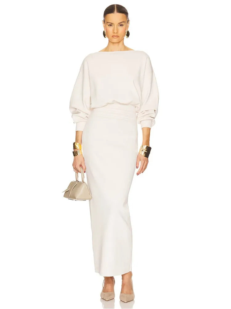 Sleek White Bodycon Maxi Gown with Long Sleeves VestiVogue