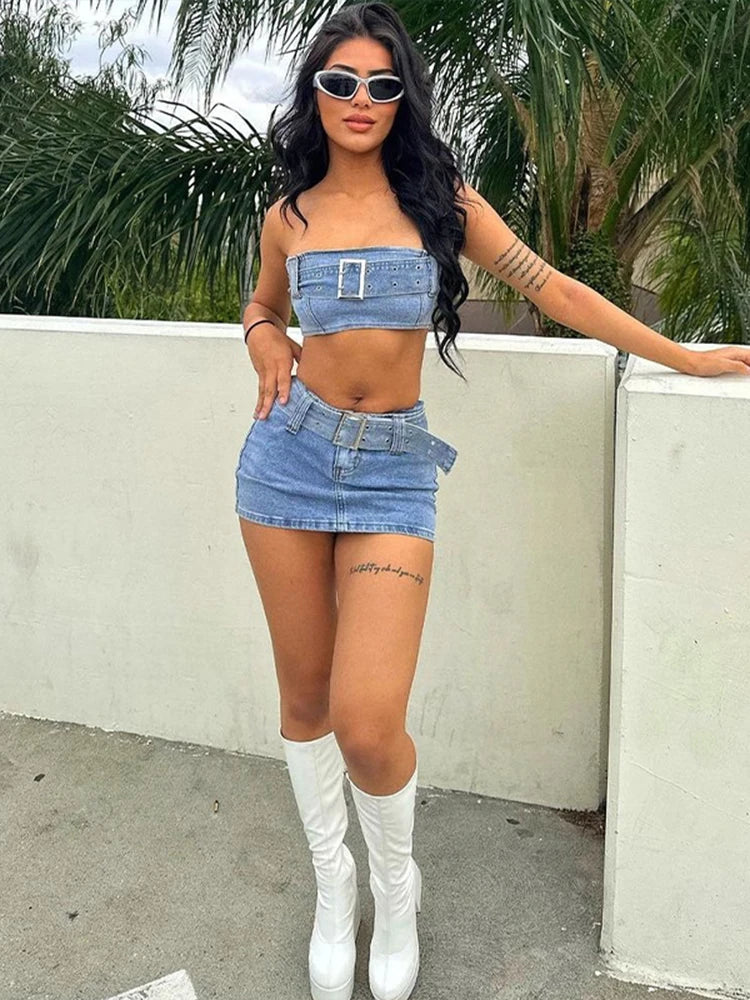 Chic Denim Wrap Top & Mini Skirt Set VestiVogue