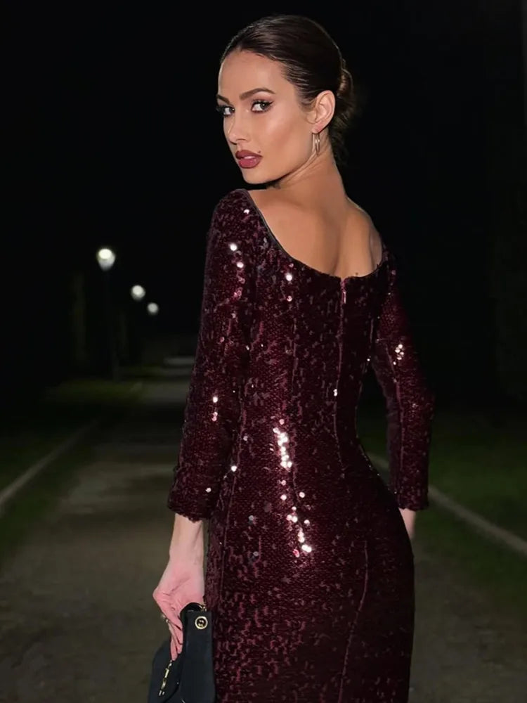 Burgundy Off-Shoulder Mesh Sequins Maxi Gown VestiVogue