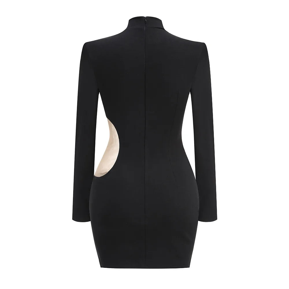 Elegant Black Turtleneck Pearl Embroidery Bodycon Dress VestiVogue  