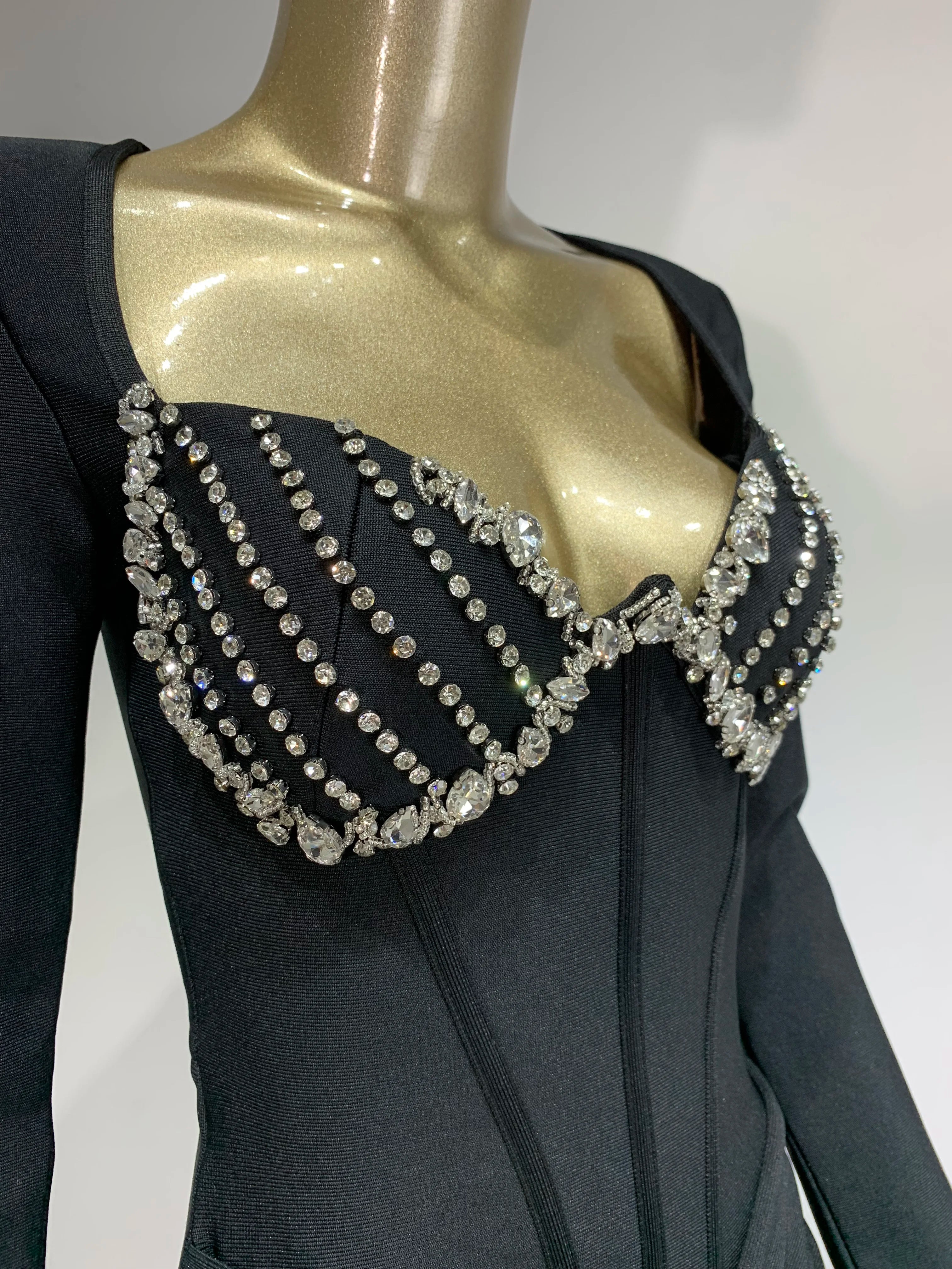 Elegant Black Maxi Bodycon Dress with Beading and Ruffles VestiVogue