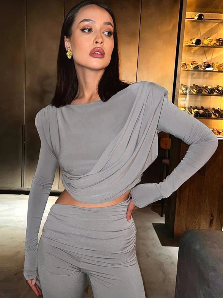 Ruched O-Neck Crop Top and Flare Pants Set VestiVogue