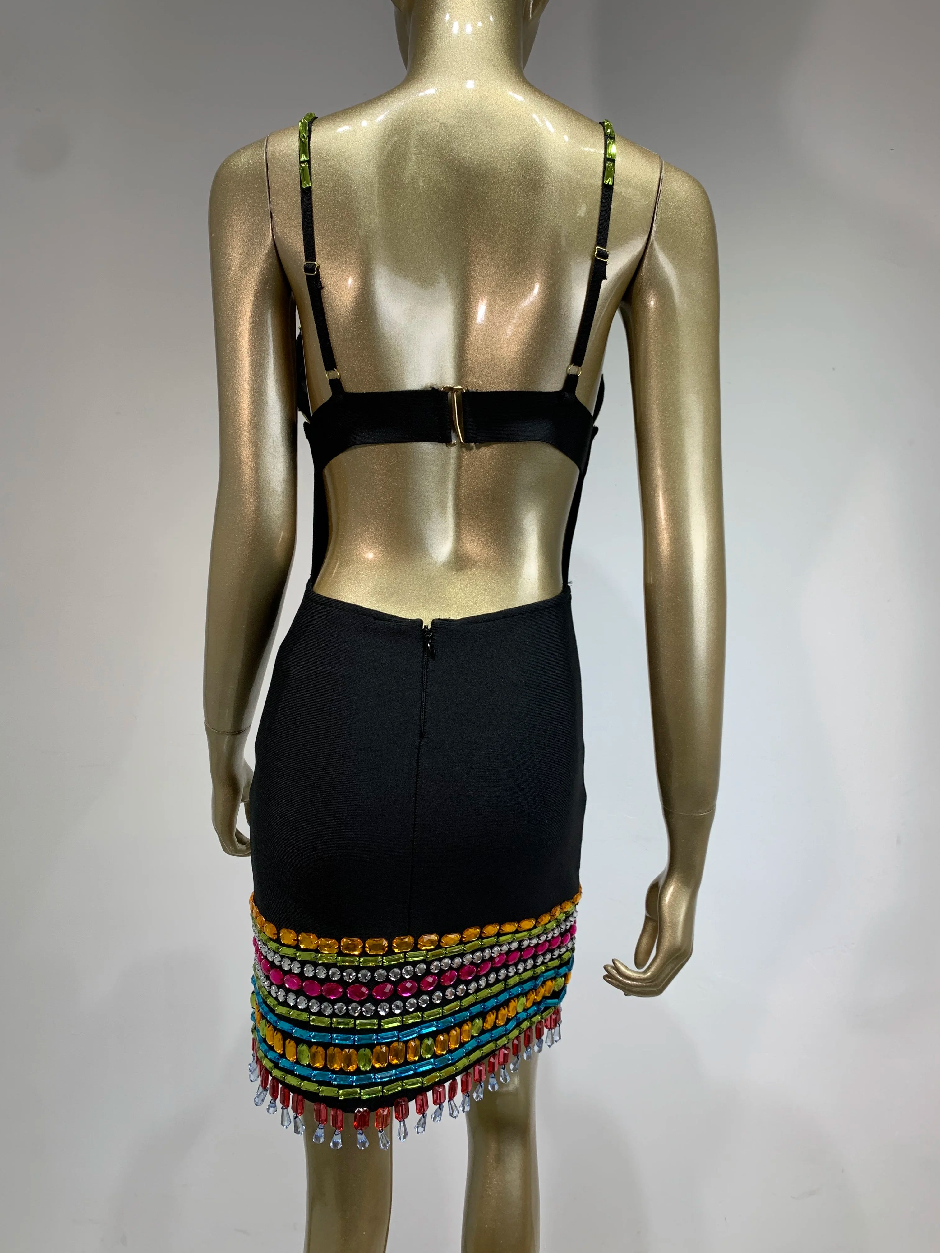 Colorful Crystal Diamonds Backless Black Mini Dress VestiVogue  