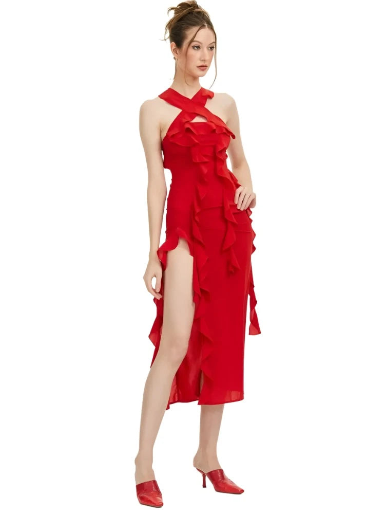 Backless Red Split Midi Bodycon Bandage Dress VestiVogue  