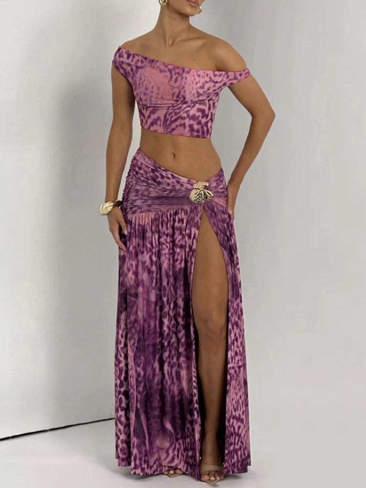 Off Shoulder Pleated Crop Top and Skirt Set VestiVogue