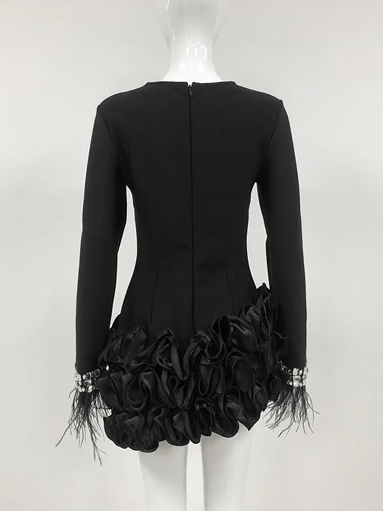 Elegant Black Mini Bandage Dress with Diamond & Feather Beading VestiVogue