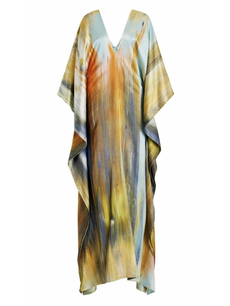 Chic Deep V-neck Batwing Maxi Dress with Ruffle Details VestiVogue