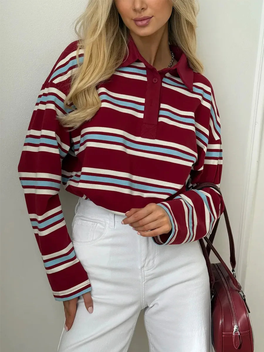 Chic Striped Long-Sleeved Polo Shirt VestiVogue Burgundy S