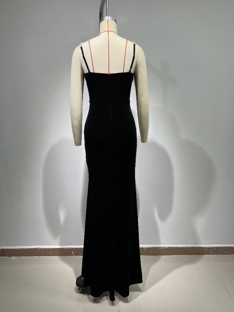 Chic Black Velvet Beaded Crystal Maxi Dress VestiVogue  