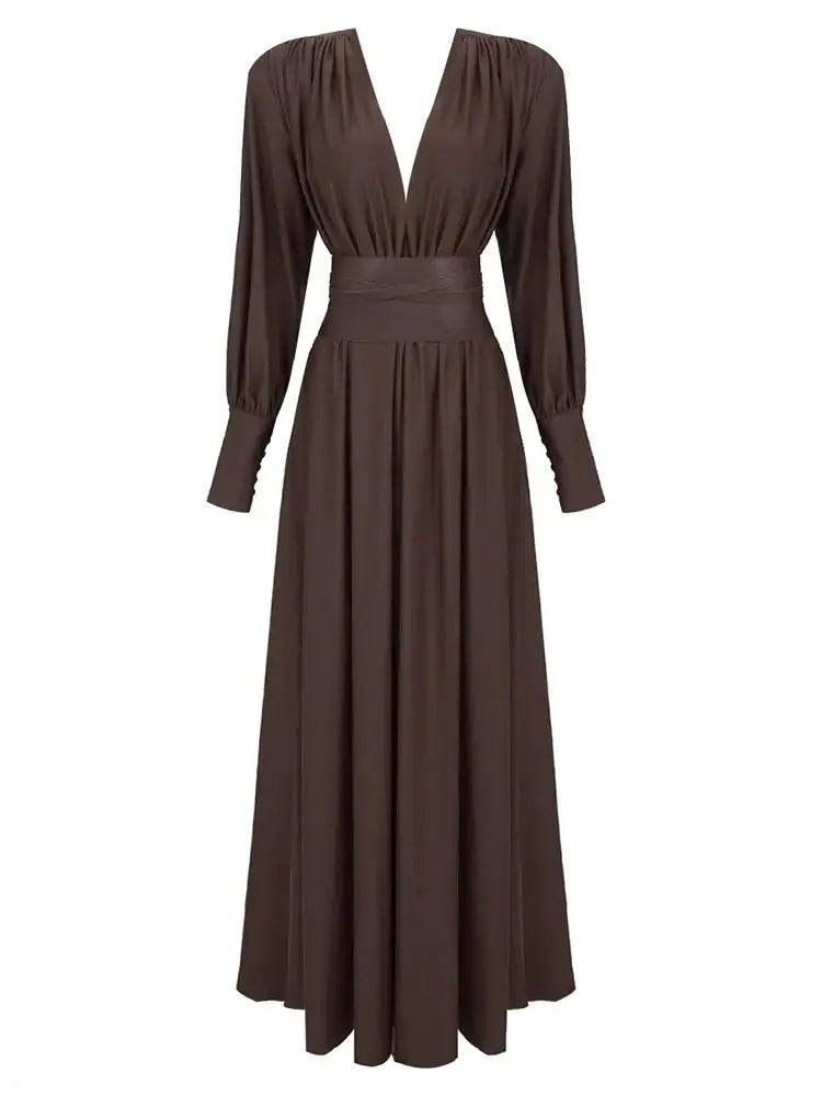 Elegant Brown Pleated Maxi Dress for Women VestiVogue  