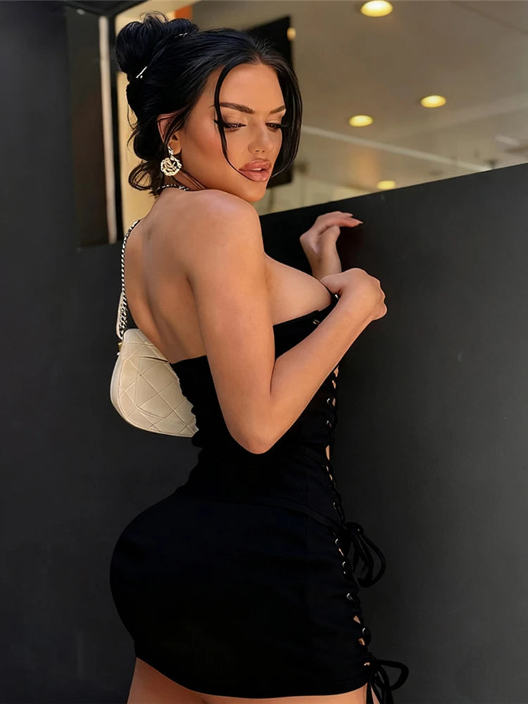 Hollow Bandage Off-Shoulder Corset Set with Mini Skirt VestiVogue