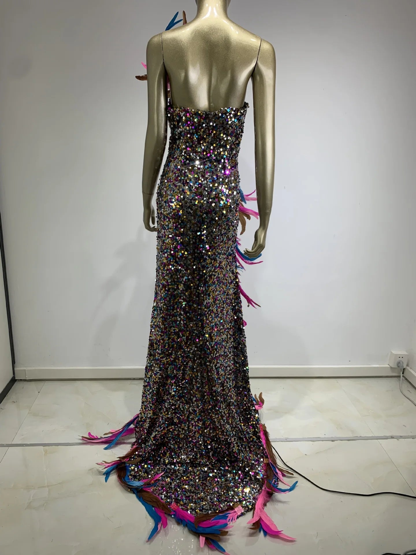 Strapless Colourful Feather Sequin Maxi Dress VestiVogue  