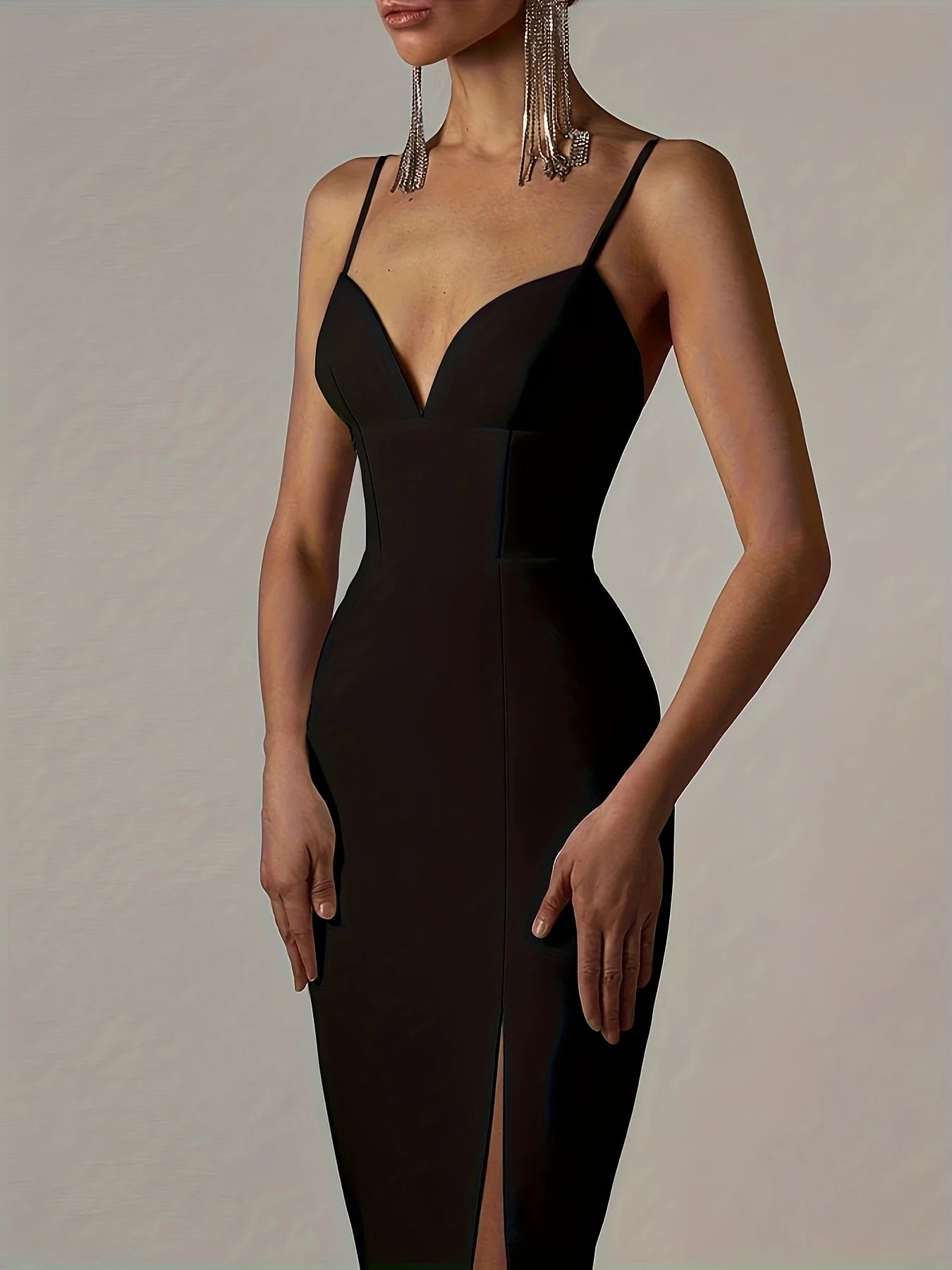 Black Bandage Midi Dress with Spaghetti Straps VestiVogue