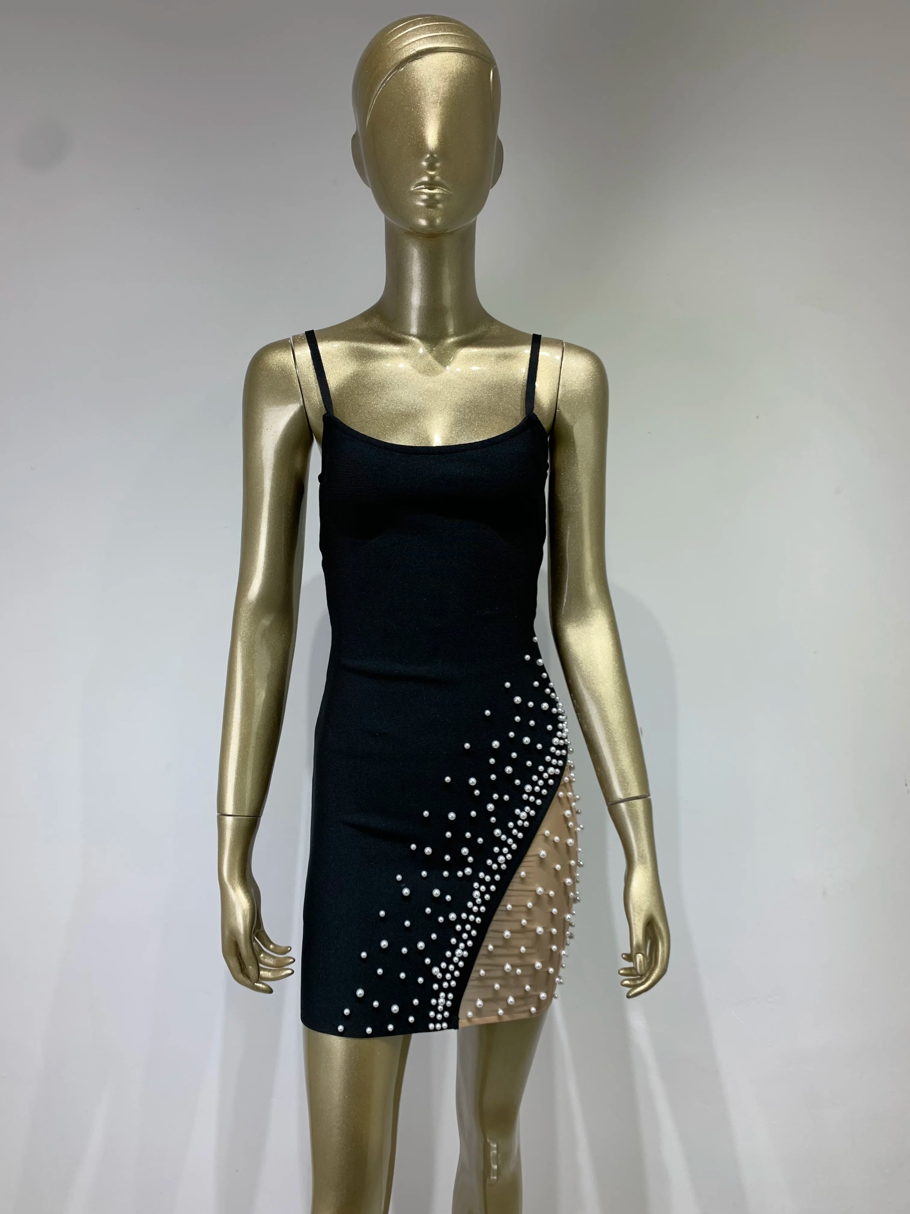 Elegant Black Mesh Beaded Bodycon Dress VestiVogue  