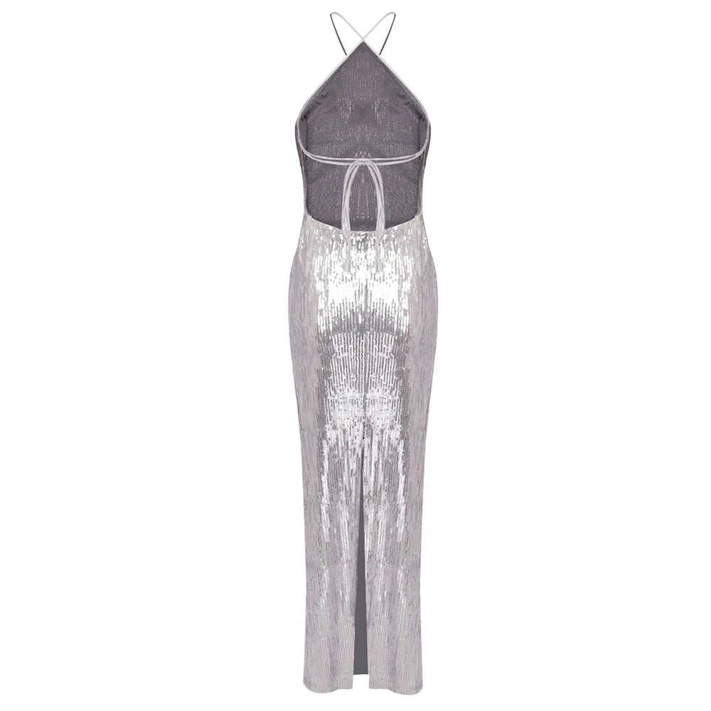 Sparkly Silver Bodycon Halter Dress VestiVogue