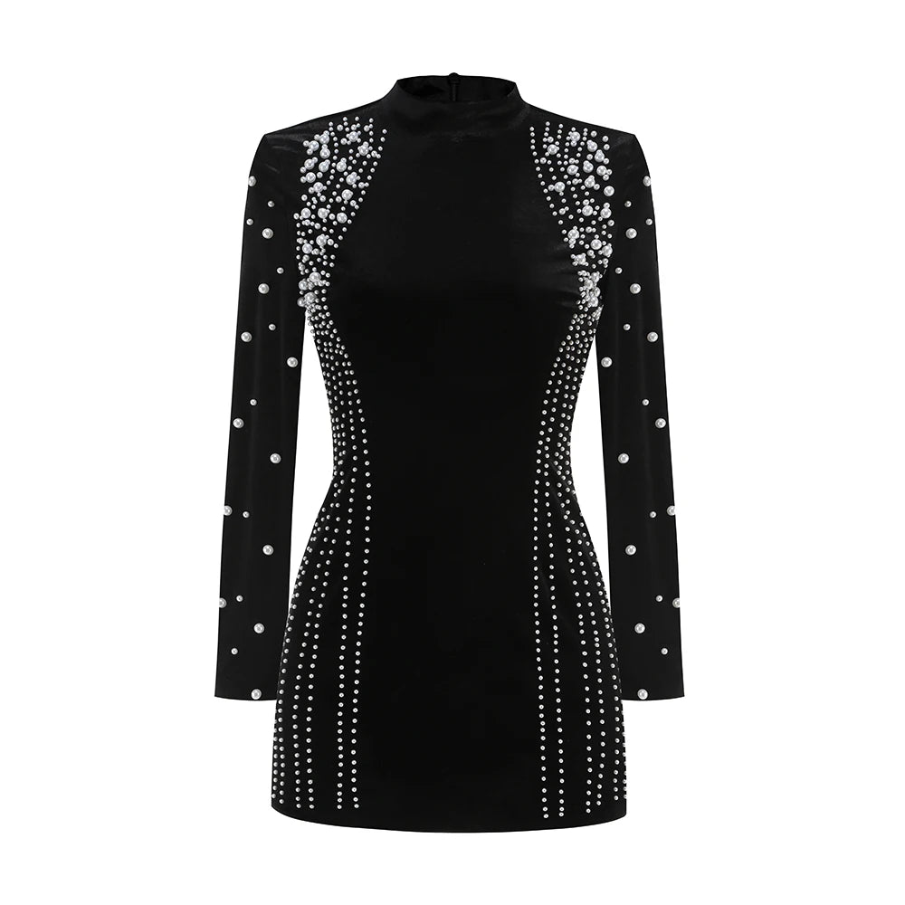 Black Velvet Pearl Beaded Mini Dress VestiVogue