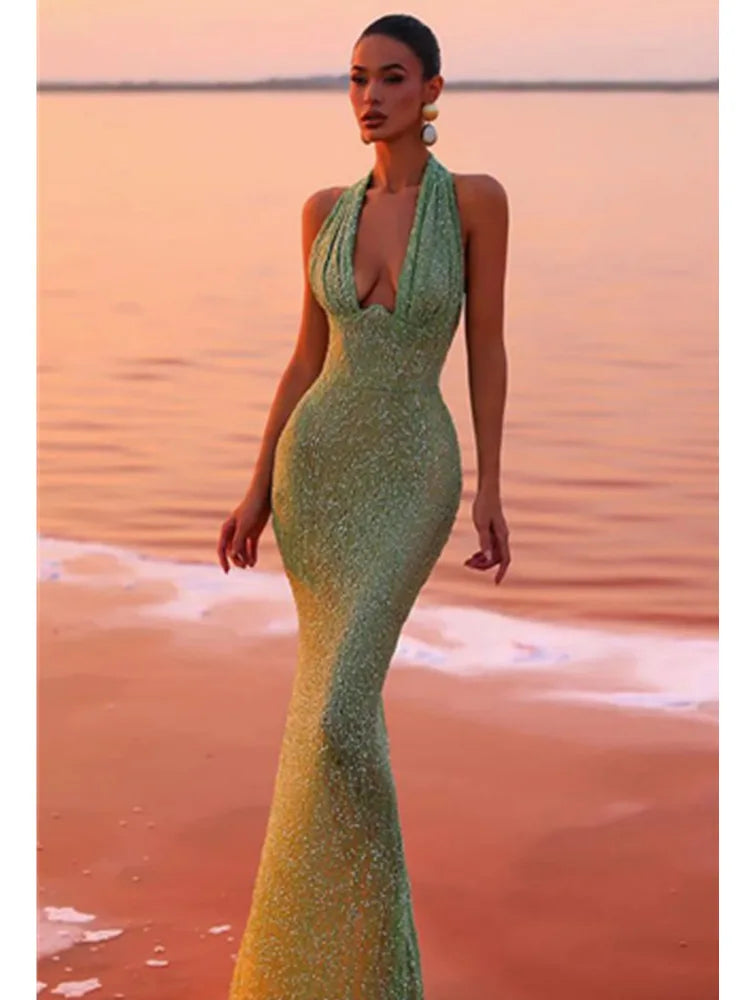 Elegant Mint Green Backless Halter Sequin Maxi Gown VestiVogue green M