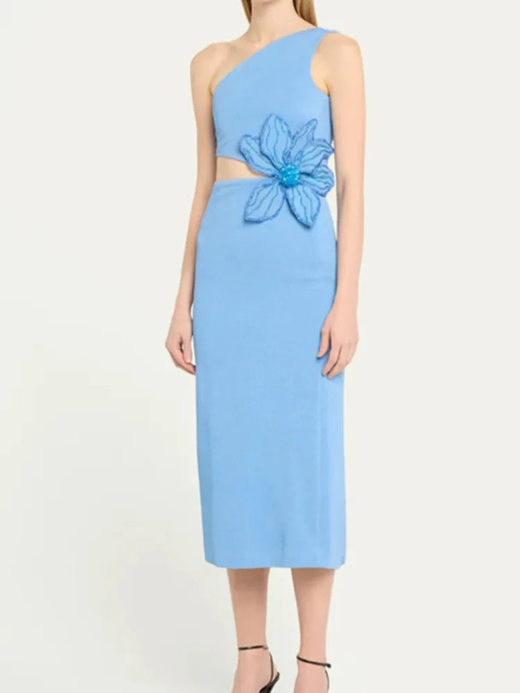 One Shoulder Flower Beaded Blue midi Bodycon Bandage Dress VestiVogue  
