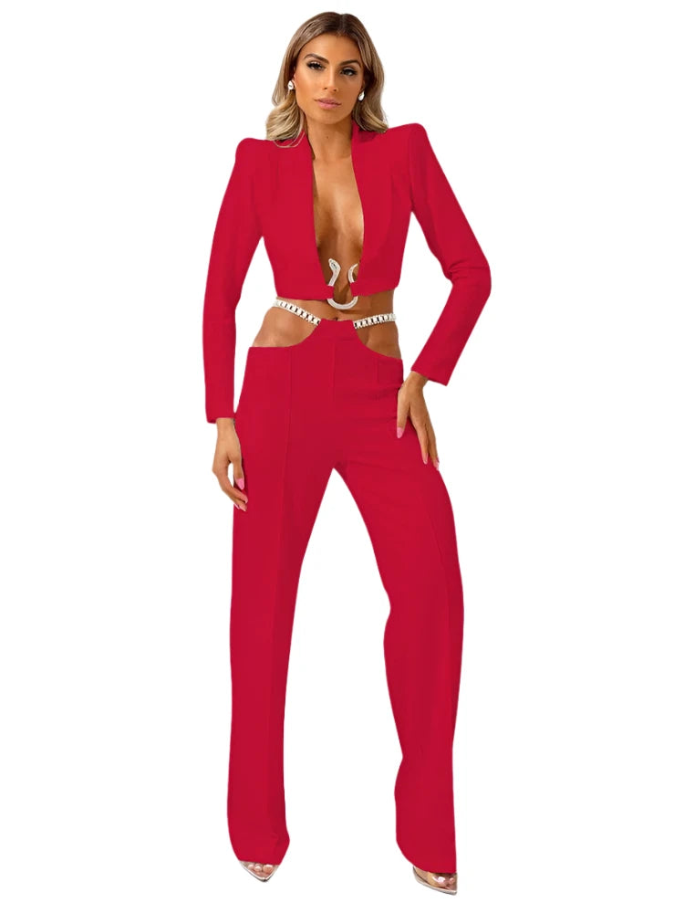 Red V-Neck Blazer Set VestiVogue