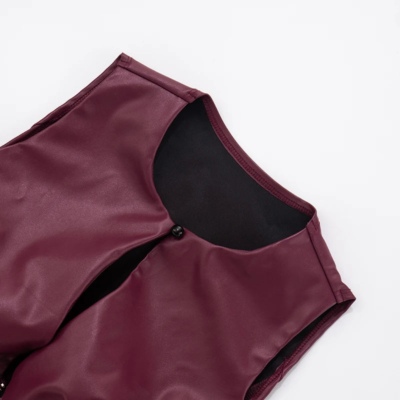 Hollow-Out Sleeveless Faux Leather Tank Top with Tie Waist VestiVogue