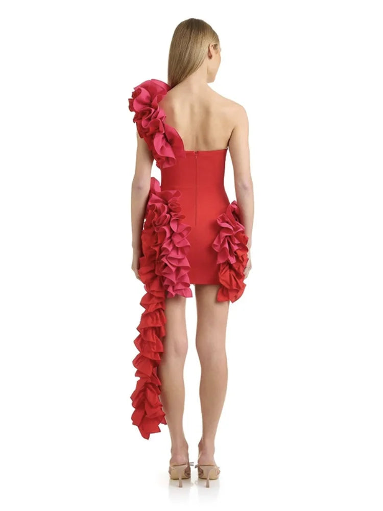 One Shoulder ruffled Red Bodycon Bandage Dress VestiVogue  